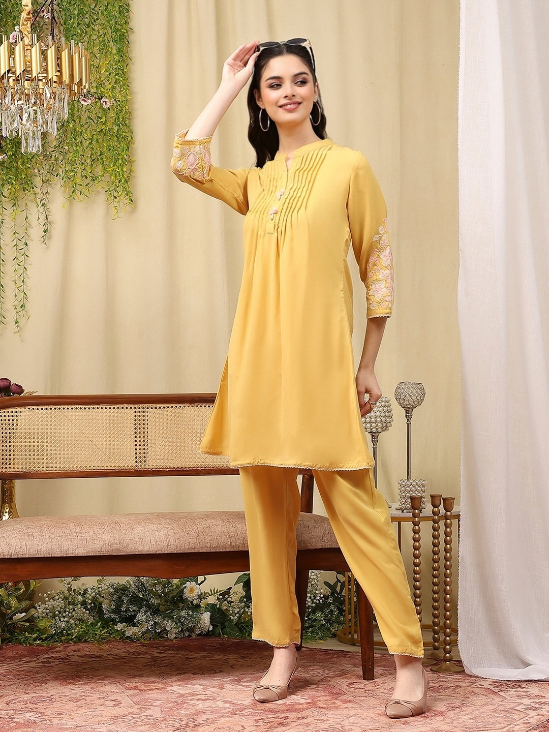 Pleated Crepe Kurta Set with Floral Embroidery &amp; Lace-Hem Palazzo