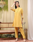 Pleated Crepe Kurta Set with Floral Embroidery & Lace-Hem Palazzo