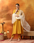 A-Line Kurta Set with Lucknavi Embroidery, Palazzo & Embroidered Supernet Dupatta