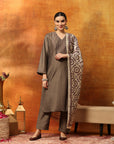 Art Silk Embroidered Kurta Set with Palazzo & Silk Dupatta