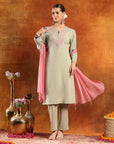 Knitted Wool Kurta Set with Ari Embroidery & Tasselled Dupatta