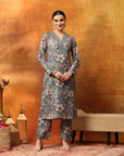 Wool Blend Floral Printed Kurta Set with Ethnic Embroidery & Printed Palazzo