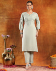 Twill Weave Embroidered Kurta Set with Lace-Trimmed Palazzo