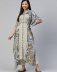 Floral Printed Flared Sleeves Thread Work Kaftan Kurta