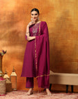 Zari Embroidered Kurta Set with Elasticated Palazzo & Tassel Art Silk Dupatta