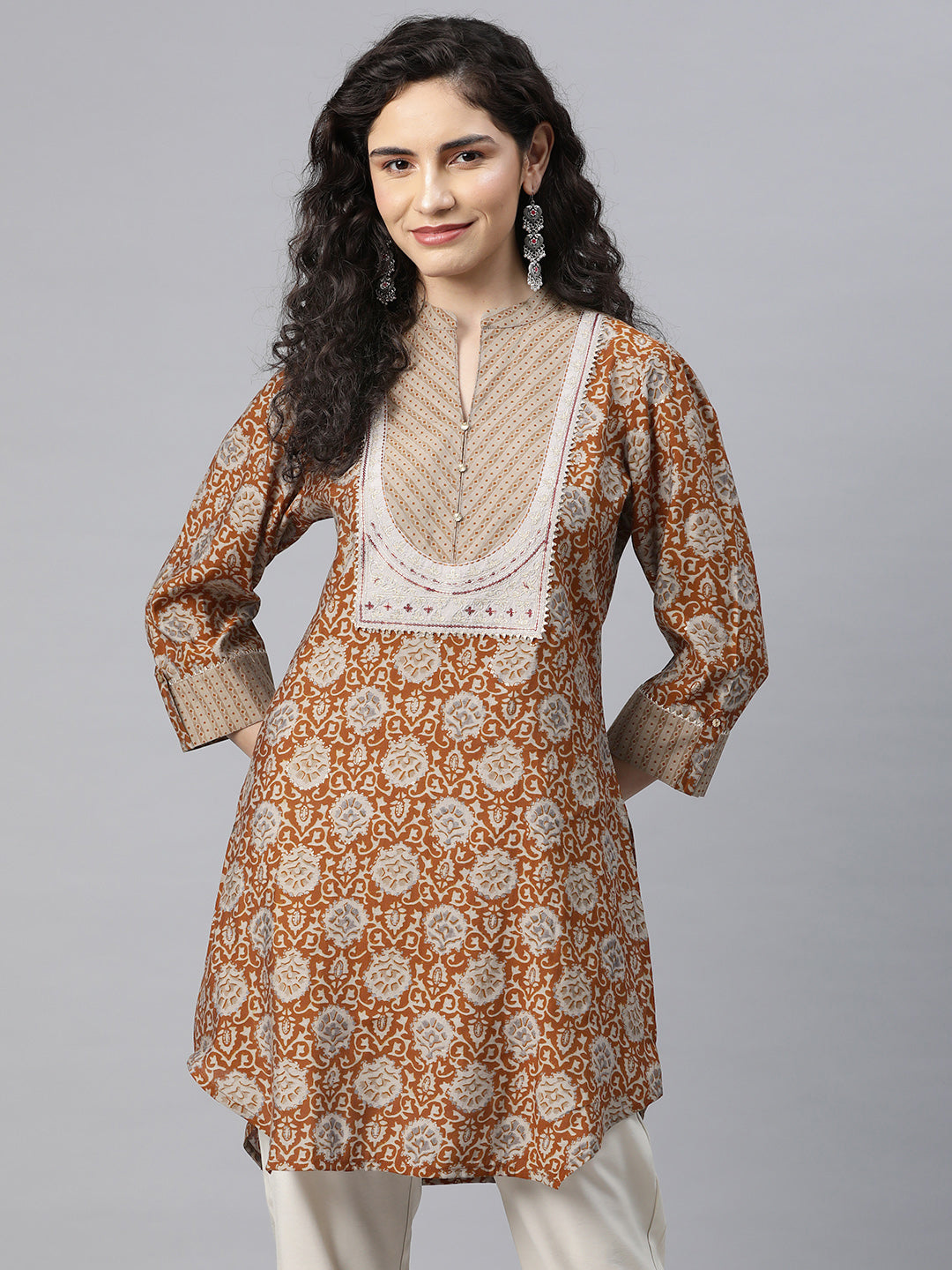 Ethnic Motif Printed Straight Modal Chanderi Kurti