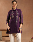 Solid A-Line Crepe Tunic with Thread Embroidery & Lace Detail