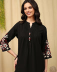 Pleated Crepe Kurta Set with Floral Embroidery & Lace-Hem Palazzo
