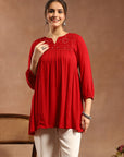 Solid A-Line Viscose Rayon Tunic with Mirror Embroidery