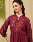 Solid Embroidered Flared Rayon Kurti