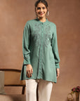 Viscose Rayon Kurti with Embroidered Placket & Lace-Trimmed Sleeves