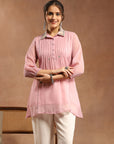 Solid Chiffon Tunic with Mirror Embroidery & Shirt Collar