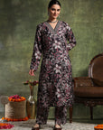 Wool Blend Floral Printed Kurta Set with Ethnic Embroidery & Printed Palazzo
