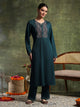 Wool Blend Calf-Length Kurta Set with Round Neck & Thread Embroidery