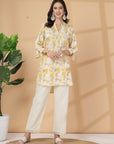 Yellow Abstract Print Rayon Slub Co-ord with Solid Palazzo