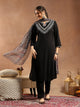 Thread Embroidered Rayon Kurta Set with Lace Sleeves & Printed Dupatta