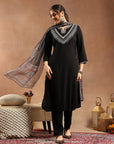 Thread Embroidered Rayon Kurta Set with Lace Sleeves & Printed Dupatta