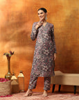 Wool Blend Floral Printed Kurta Set with Ethnic Embroidery & Printed Palazzo