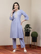 Embroidered blue cotton linen kurta set with lace-detailed palazzo