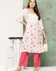 Floral Printed Sweetheart Neck Cotton Linen Kurta