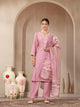 Vetican Fabric Kurta Set with Embroidered Round Neck, Palazzo & Striped Silk Dupatta
