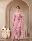 Vetican Fabric Kurta Set with Embroidered Round Neck, Palazzo & Striped Silk Dupatta