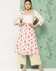 Floral Printed Sweetheart Neck Cotton Linen Kurta