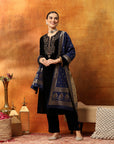 Velvet Kurta Set with Zari Embroidered Yoke with Palazzo & Art Silk Dupatta