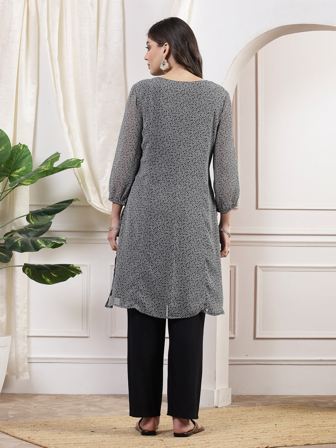 Printed Straight Chiffon Kurta with Floral Embroidery