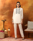 Solid Zari Embroidered Rayon Kurta with Laced Hem Palazzo