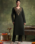Denim Wool Kurta Set with Thread Embroidery & Palazzo