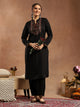 Solid Kurta Set with Ethnic Embroidery, Mandarin Collar & Lace Hem Palazzo