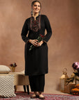 Solid Kurta Set with Ethnic Embroidery, Mandarin Collar & Lace Hem Palazzo