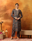 Wool Blend Floral Kurta Set with Zari Embroidery & Printed Elasticated Palazzo