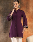 Crepe Festive Tunic with Zari Bell Sleeves & Frilled Mandarin Collar