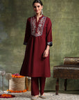 A-Line Cotton Kurta Set with Embroidered Patch Collar & Palazzo