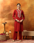 Wool Blend Solid Kurta Set with Thread Embroidery & Elasticated Palazzo