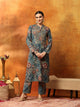 Wool Blend Floral Printed Kurta Set with Mandarin Collar, Zari Work & Printed Palazzo