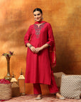 Zari Embroidered Kurta Set with Elasticated Palazzo & Tassel Art Silk Dupatta