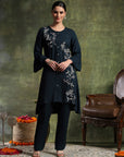 Solid A-Line Viscose Rayon Kurta Set with Thread Embroidery & Bell Sleeves