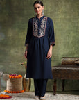 A-Line Cotton Kurta Set with Embroidered Patch Collar & Palazzo