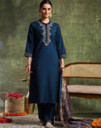 Zari-Embroidered Viscose Blend Kurta Set with Art Silk Dupatta