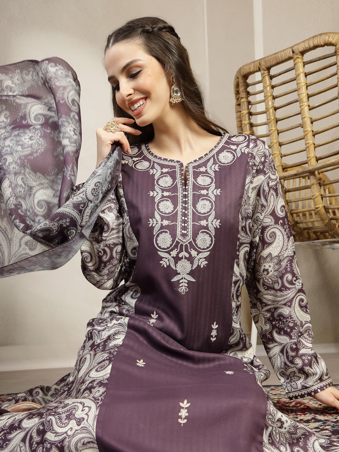 Floral Pashmina Wool Kurta Set with Kotta Dupatta