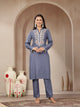 Rayon Kurta Set with Embroidered Mandarin Collar, Full Sleeves & Stitched-Hem Palazzo