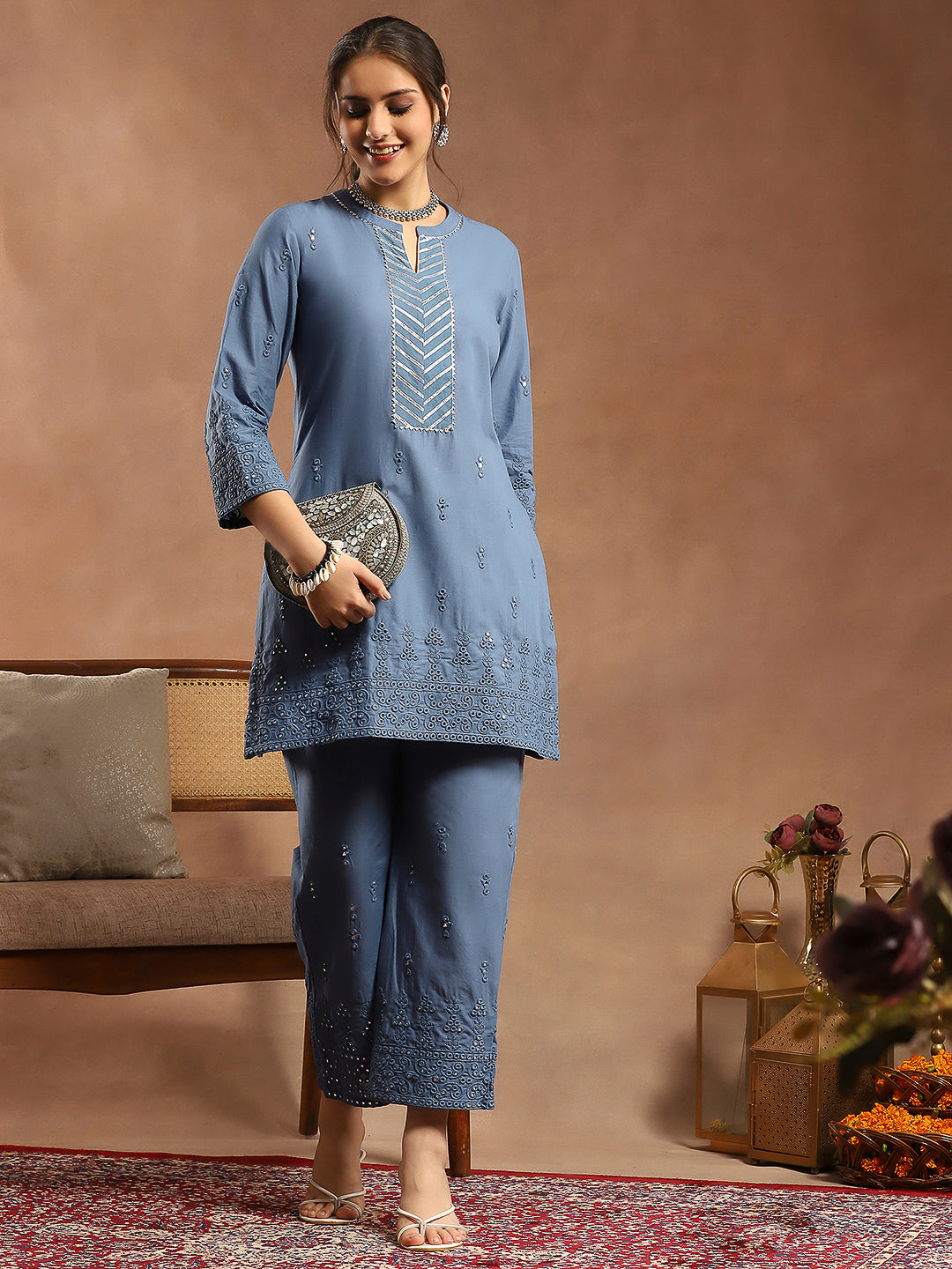 Pure Cotton Straight Kurta Set with Mirror-Embroidered Palazzo