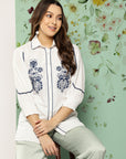 Collared Embroidered Top With Smocking Detail At  Sleeve Cuff