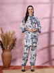 Blue Floral Kurta Set with Mandarin Collar & Laced Bell Sleeves