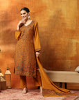 Floral Wool Blend Kurta Set with Swarovski Work & Printed Dupatta