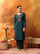 Wool Blend Kurta Set with Round Neck & Ethnic Embroidery