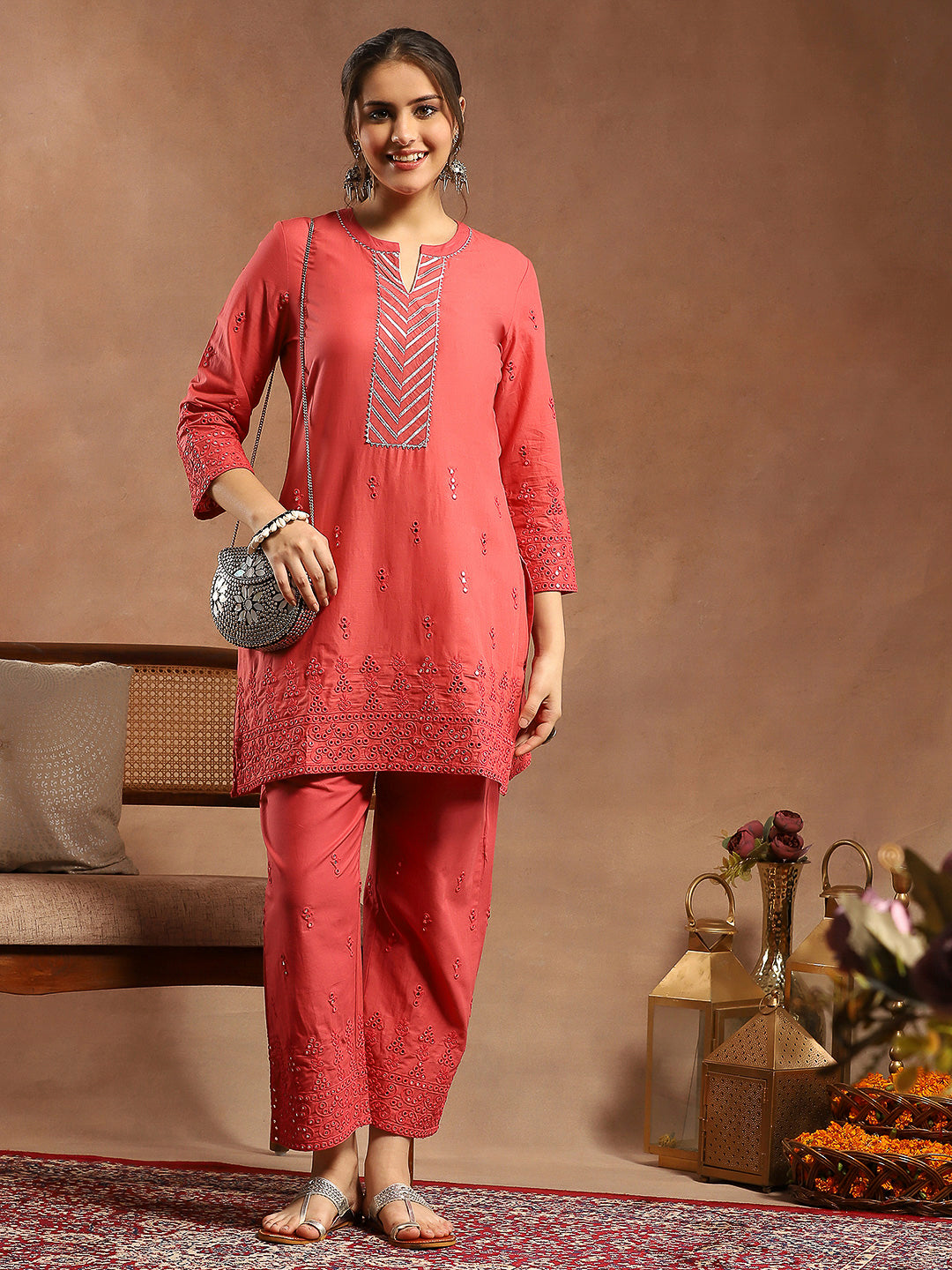 Pure Cotton Straight Kurta Set with Mirror-Embroidered Palazzo